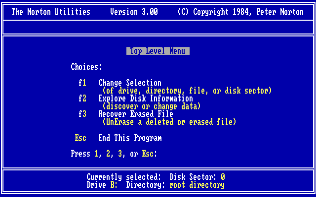 Norton Utilities 3.00 - Menu